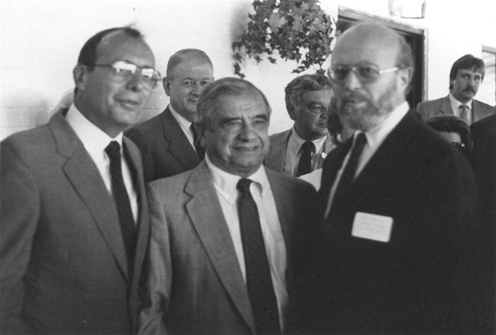 1985: Congressional Coalition for Soviet Jews.  (l.-r.): Sen. Alfonse D'Amato (R-NY), Rep. Dante Fascell (D-FL), U.S. Helsinki Commission Co-chairs, and NCSJ Executive Director Jerry Goodman.