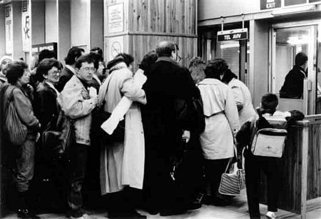 Flight to Freedom: Emigrating Soviet Jews line up in Warsaw, Poland for the last leg of their journey to Israel (UJA Operation Exodus photograph by Robert A. Cumins)