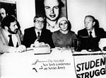 New York - Avital Shcharansky, wife of Prisoner of Conscience Anatoly Shcharansky, discusses her husband's condition after a 125 day hunger strike.  (l.-r.): Avi Weiss, Student Struggle for Soviet Jewry, Seymour Lachman, Chairman, Greater New York Conference on Soviet Jewry, and Eugene Gold, past Chairman, NCSJ.